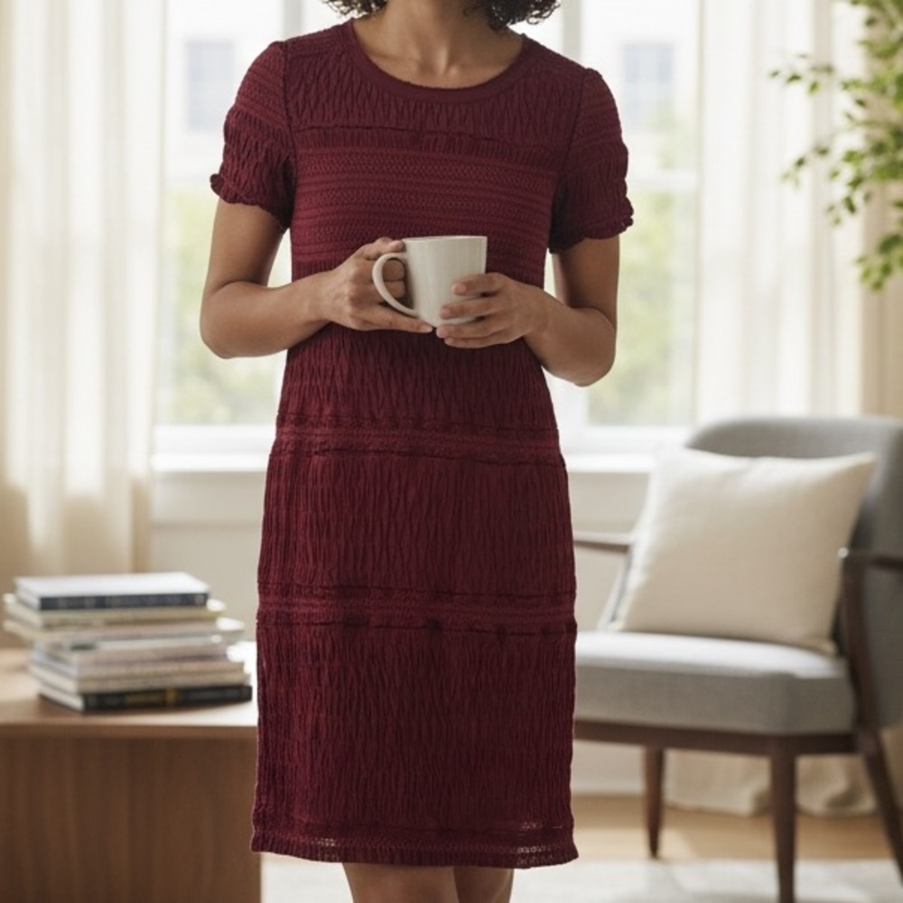 Isabel Marant Burgundy 100% Silk Sheer Paneled‎ Scrunch Tiered Romantic Dress
